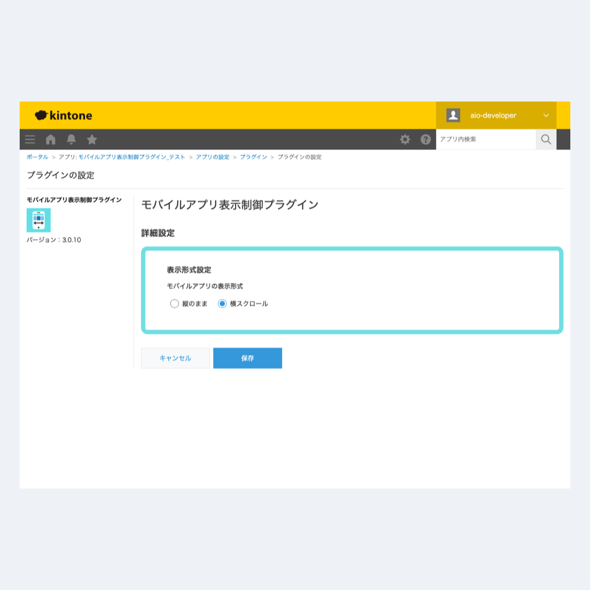 モバイルアプリ表示制御プラグインの設定画面スクリーンショット