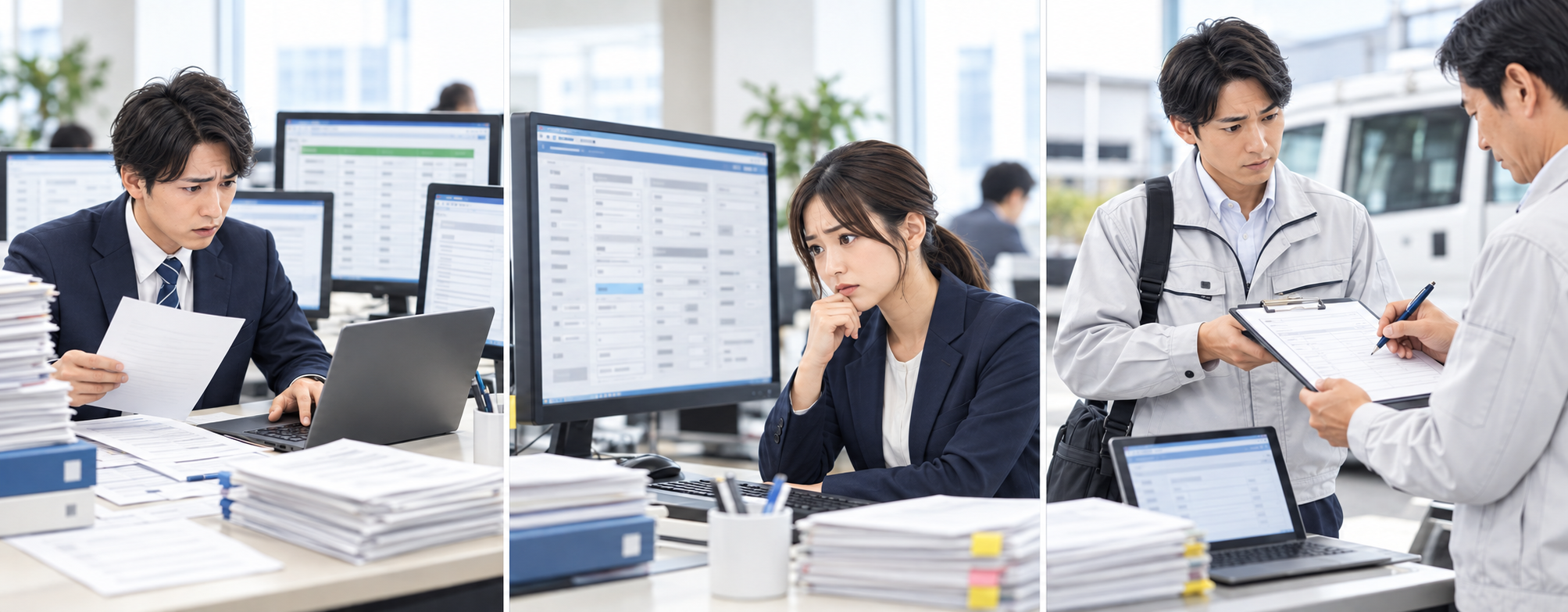 手作業の転記、見づらい画面、紙での確認という三つの業務課題を表した図